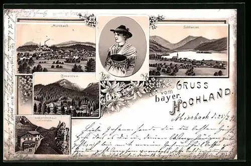 Lithographie Miesbach /Bayer. Hochland, Teilansicht, Wendelsteinhaus und Kirchlein, Birkenstein