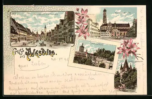 Lithographie Augsburg, Jakoberstrasse vom Tor, St. Ulrichskirche, Rotes Tor