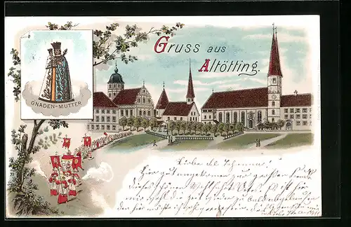 Lithographie Altötting, Kirche mit Prozession, Gnaden-Mutter