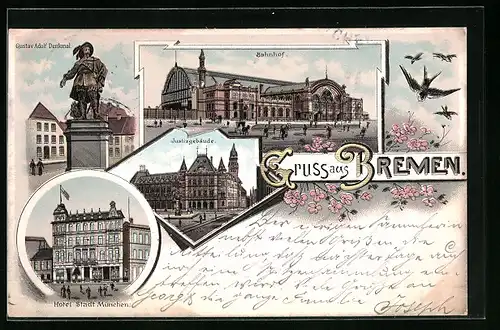 Lithographie Bremen, Hotel Stadt München, Justizgebäude, Bahnhof