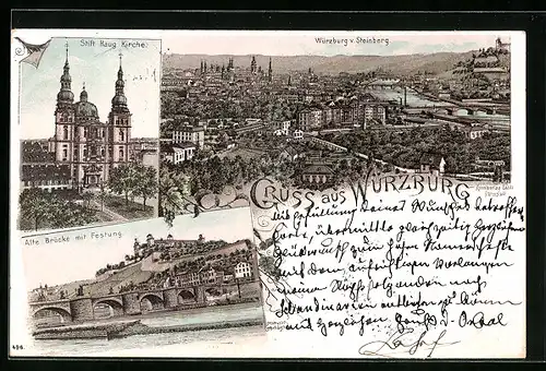 Lithographie Würzburg, Teilansicht vom Steinberg, Alte Brücke mit Festung, Stift Haug Kirche