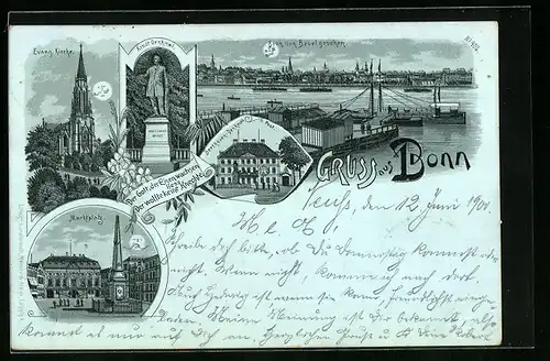 Mondschein-Lithographie Bonn, Evangelische Kirche, Marktplatz, Arndt-Denkmal