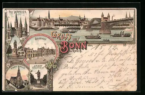 Lithographie Bonn am Rhein, Evangelische Kirche, Bahnhof, Arndt-Denkmal