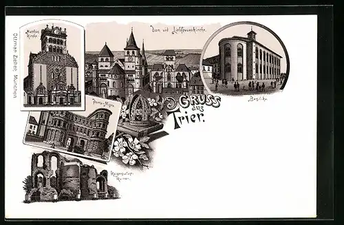 Lithographie Trier, Dom und Liebfrauenkirche, Basilika, Kaiserpalast-Ruinen