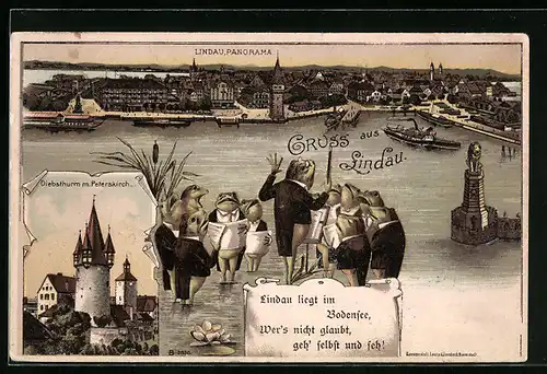 Lithographie Lindau, Panorama, Diebsturm mit Peterskirche, Singende Frösche