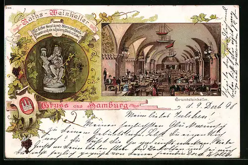 Lithographie Hamburg, Gasthaus Rats-Weinkeller, Innenansicht Grundsteinkeller