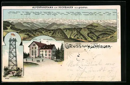 Lithographie Badenweiler, Hotel Hochblauen, Aussichtsturm, Bergpanorama mit Mythen, Stanzerh. und Scesa Plana