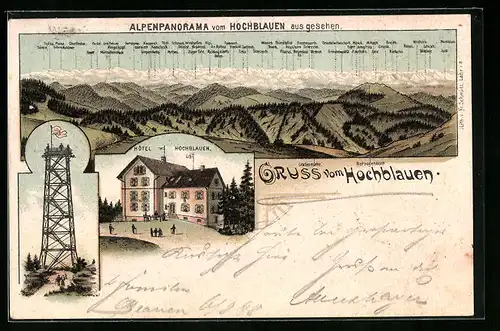 Lithographie Badenweiler, Hotel Hochblauen, Aussichtsturm, Bergpanorama mit Mythen, Stanzerh. und Scesa Plana