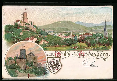 Lithographie Godesberg, Teilansicht, Schloss