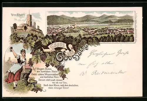 Lithographie Godesberg, Teilansicht, Ruine, Frau mit einem Glas