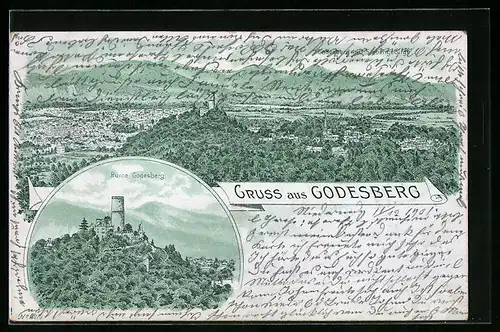 Lithographie Godesberg, Teilansicht und Siebengebirge, Ruine Godesberg