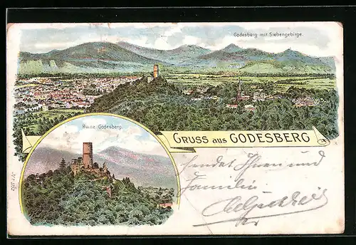 Lithographie Godesberg, Teilansicht mit Siebengebirge, Ruine Godesberg