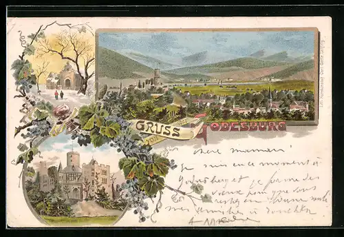 Lithographie Godesberg, Teilansicht, Die Godesburg, Ortspartie im Schnee