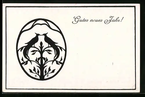 AK Scherenschnitt, Zwei Vögel auf einer Pflanze, Neujahrsgruss