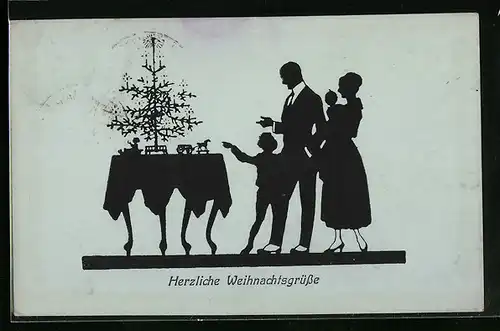 AK Scherenschnitt, Familie am Tannenbaum, Weihnachtsgruss