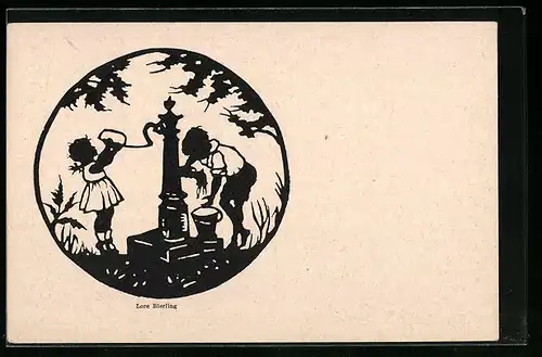 AK Scherenschnitt, Kinderpaar am Brunnen