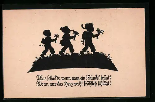 AK Scherenschnitt, Schuljungen mit Blumensträussen