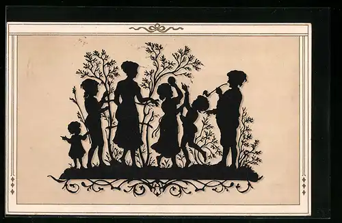 AK Scherenschnitt, Frau mit spielenden Kindern