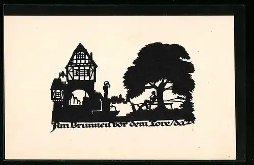 AK Scherenschnitt, Mann sitzt unterm Baum, Am Brunnen vor dem Tore