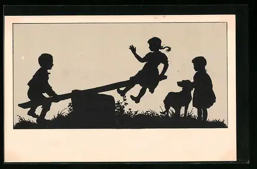 AK Scherenschnitt, Junge und Mädchen auf der Wippe