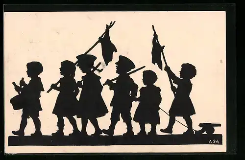 AK Scherenschnitt, Zug von Kindern mit Trommel und Fahnen