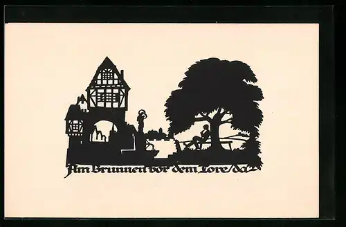 AK Scherenschnitt, Mann sitzt unterm Baum, Am Brunnen vor dem Tore