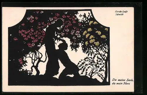 AK Scherenschnitt, Mann kniet vor einer Frau