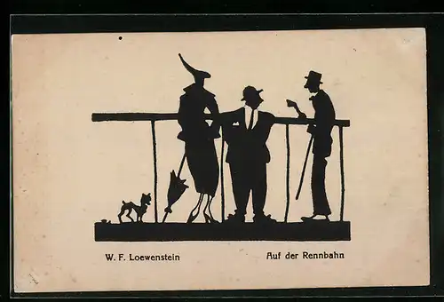 AK Scherenschnitt, Zwei Herren und Dame auf der Rennbahn