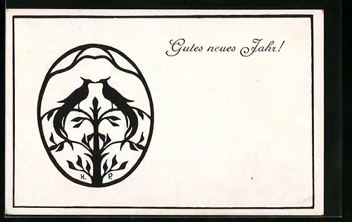 AK Scherenschnitt, Zwei Vögel auf einer Pflanze, Neujahrsgruss