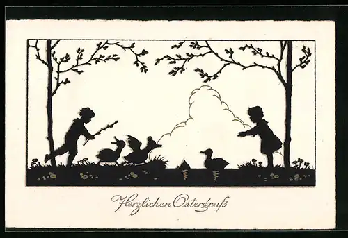 AK Scherenschnitt, Kinderpaar hütet Gänse, Ostergruss