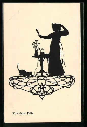 AK Scherenschnitt, Frau mit Handspiegel vor dem Feste