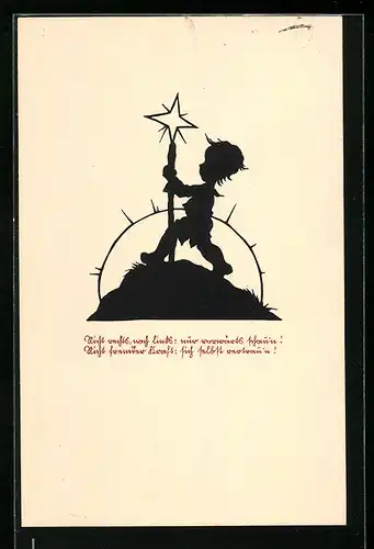 AK Scherenschnitt, Junge mit Sternenstab auf einem Hügel