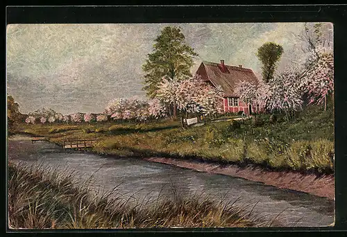 Künstler-AK Degi Nr. 1120: Baumblüte an einem Fluss