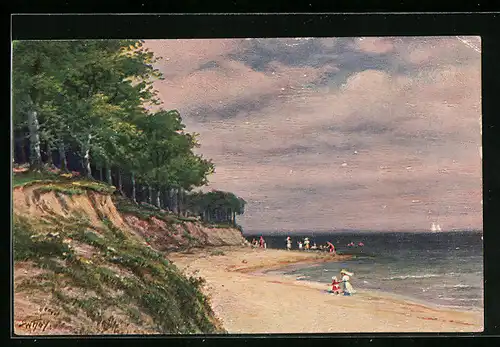 Künstler-AK Degi Nr. 1082: Strandszene mit Laubwäldchen am Meer