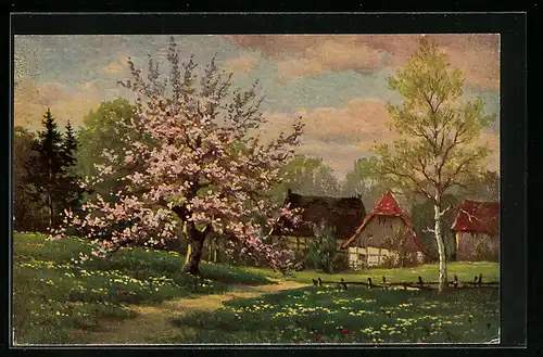 Künstler-AK Degi Nr. 1275: Blühender Baum und Häuser im Frühling