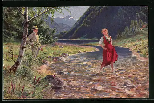 Künstler-AK Degi Nr. 1133: Junges Paar an einem Bach