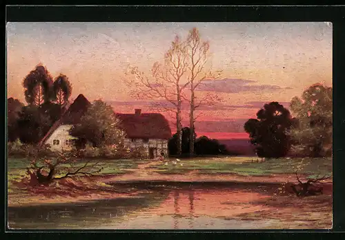 Künstler-AK Degi Nr. 1019: Sonnenuntergang an einem alten Haus