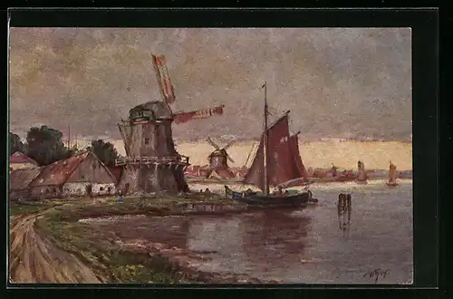 Künstler-AK Degi Nr. 1149: Mühle am Hafen