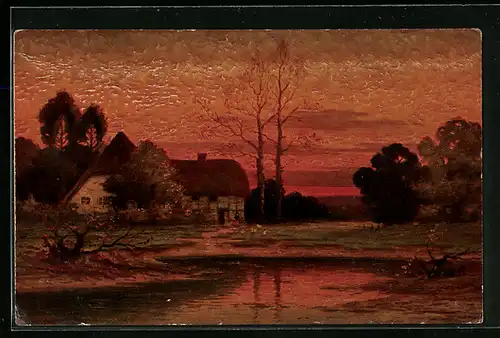 Künstler-AK Degi Nr. 1019: Bauernhaus bei Sonnenuntergang