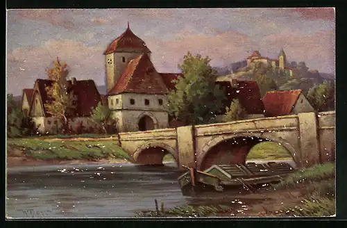 Künstler-AK Degi Nr. 1338: Landschaft mit Brücke II, W. Hoy, Ölgemälde-Imitations-AK