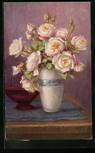 Künstler-AK Degi Nr. 1229: Vase mit Rosen, Hollensteiner, Ölgemälde-Imitations-AK