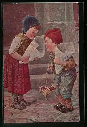 Künstler-AK Degi Nr. 922: Hast du mehr?, H. Kaulbach, Zwei Kinder mit Zeitung, Ölgemälde-Imitations-AK