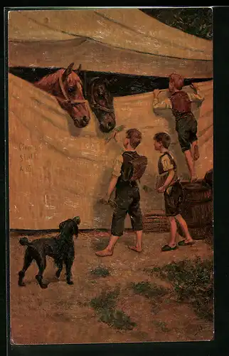 Künstler-AK Degi Nr. 841: Vor dem Zirkus von Schulze-Blank, Ölgemälde-Imitations-AK