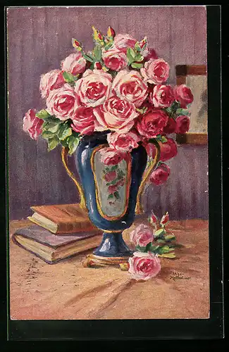 Künstler-AK Degi Nr. 1233: Rosen in blauer Vase, Hollensteiner, Ölgemälde-Imitations-AK