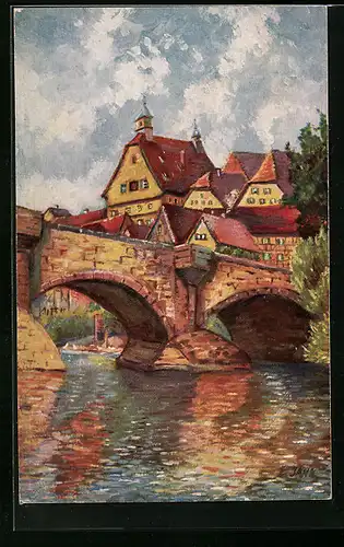 Künstler-AK Degi Nr. 1414: Altes Städtchen am Neckar, E. Jahn, Ölgemälde-Imitations-AK