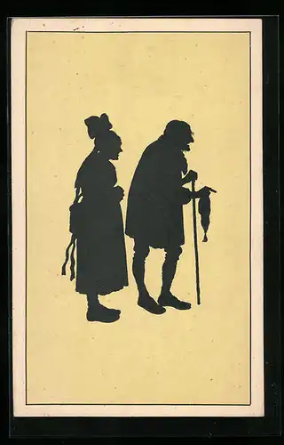 Künstler-AK Paul Konewka: Altes gebeugtes Paar, Schattenbild
