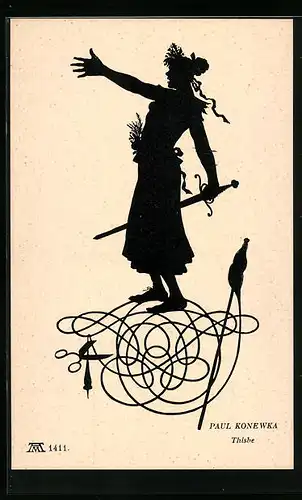 Künstler-AK Paul Konewka: Thishe, Frau mit Schwert, Schattenbild
