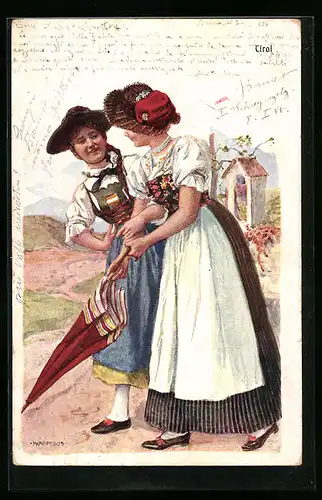 Künstler-AK Adolf Karpellus: Tirol, Zwei junge Damen mit Schirm