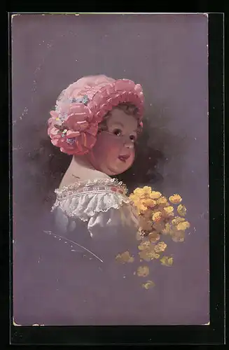 Künstler-AK Ludwig Knoefel: Kleines Mädchen mit rosa Rüschenkappe und Blumen