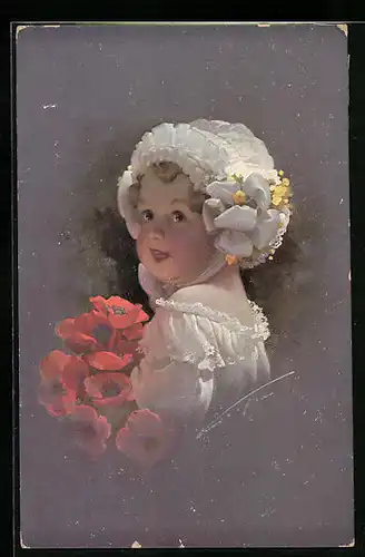 Künstler-AK Ludwig Knoefel: Kleines Mädchen mit weisser Rüschenkappe und Mohnblumen